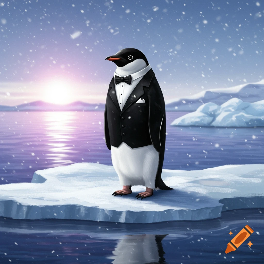 A formal penguin in a tuxedo stands on an ice floe in a snowy Arctic landscape with a sunset.