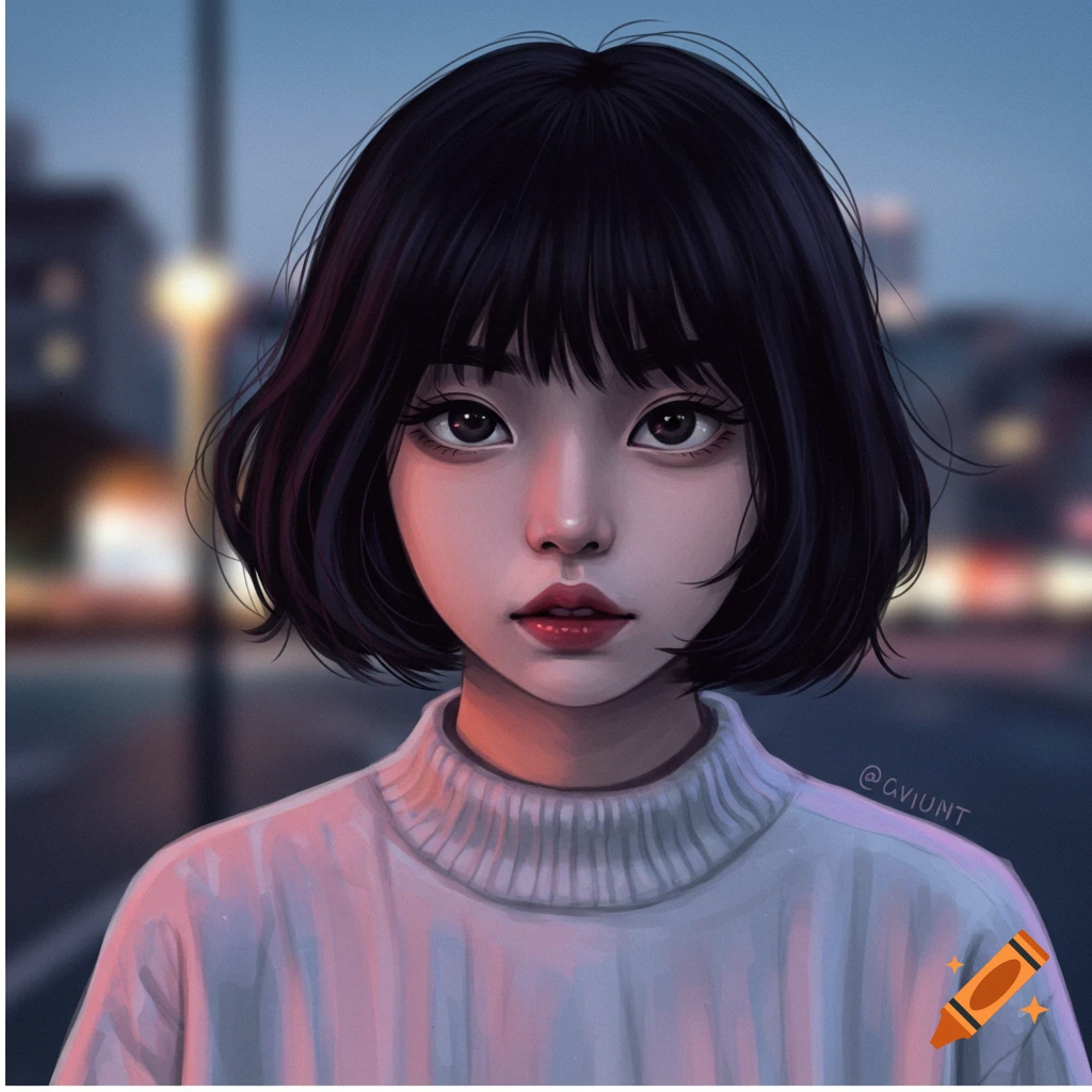 Digital painting of a Korean girl with short black hair and dark eyes, wearing a white sweater, with blurred city lights in the background at dusk.