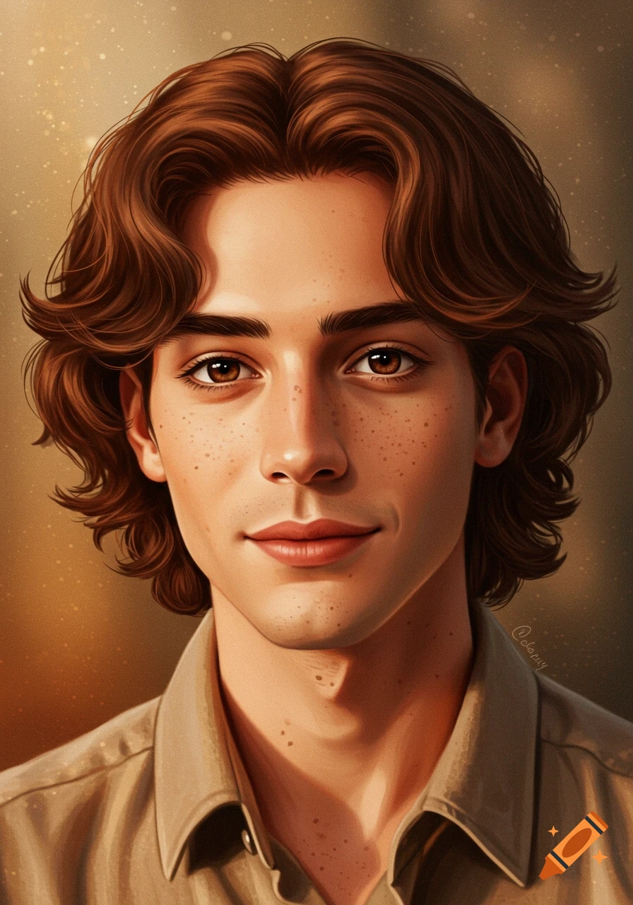 Digital painting of a young man with chestnut brown wavy hair, dark eyes, and freckles, wearing a collared shirt, with a soft expression.