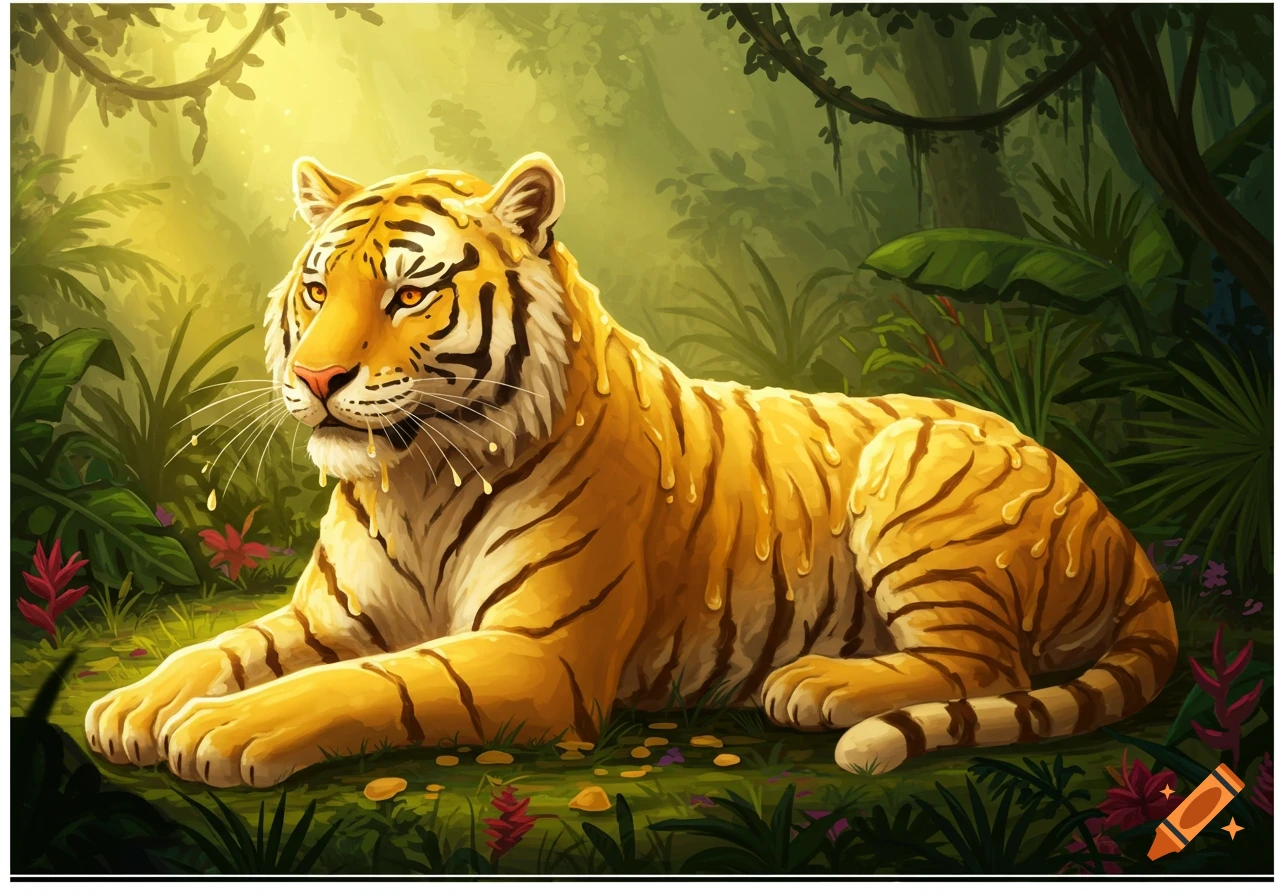 A stylized tiger made of mac and cheese lies in a vibrant jungle setting with sunlight streaming through the trees.