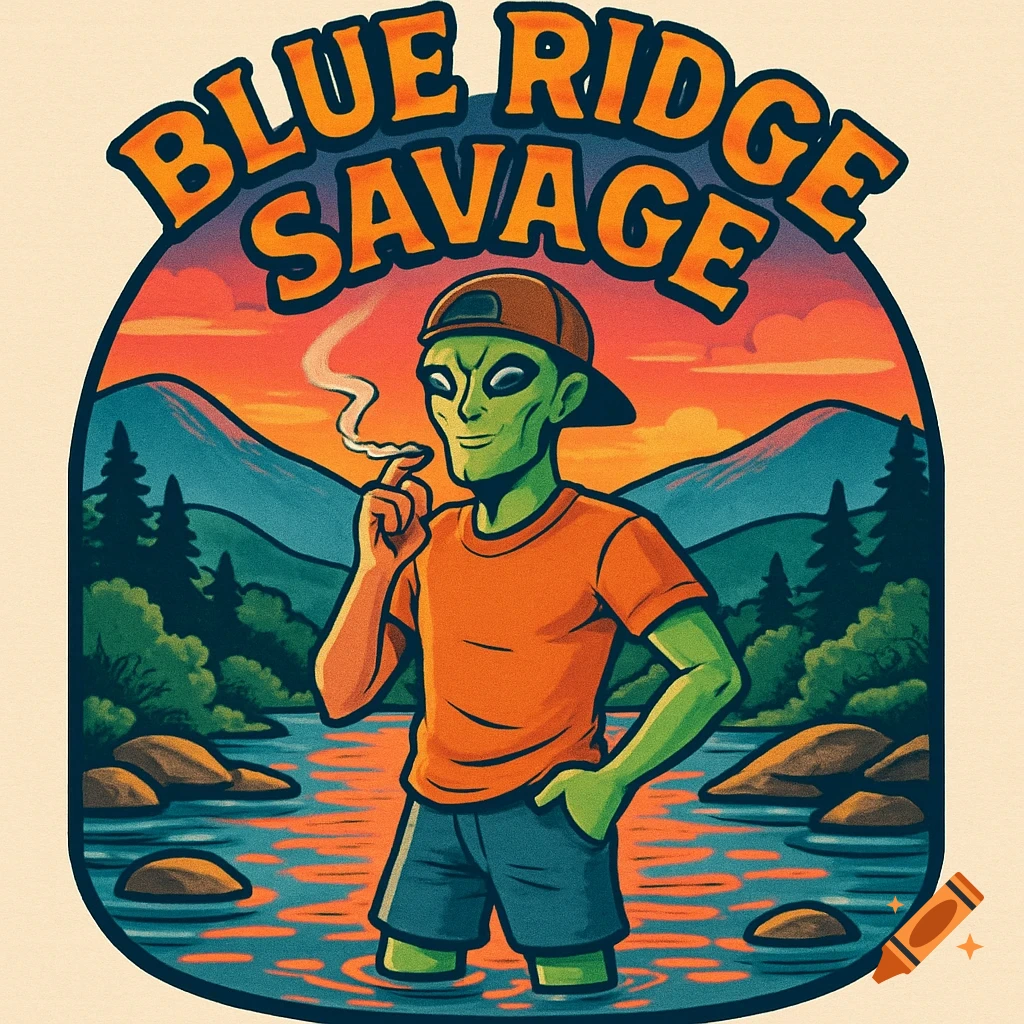 Cartoon logo of a green alien in a hat and shirt standing in a river, smoking, with mountains and sunset behind. Text reads 'BLUE RIDGE SAVAGE'.
