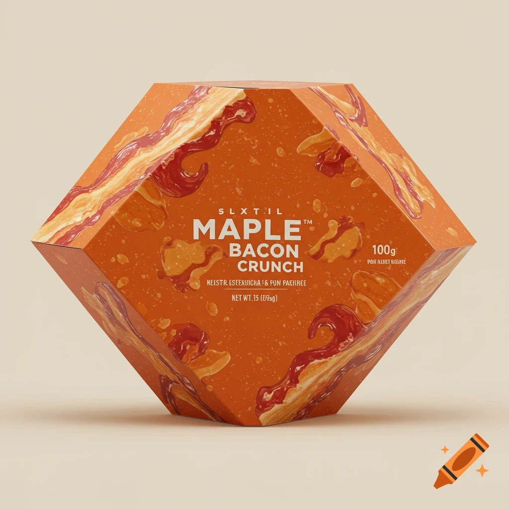 A diamond-shaped, deep orange box for Maple Bacon Crunch, featuring wavy designs reminiscent of bacon and maple syrup. Various text elements are visible on its surfaces.