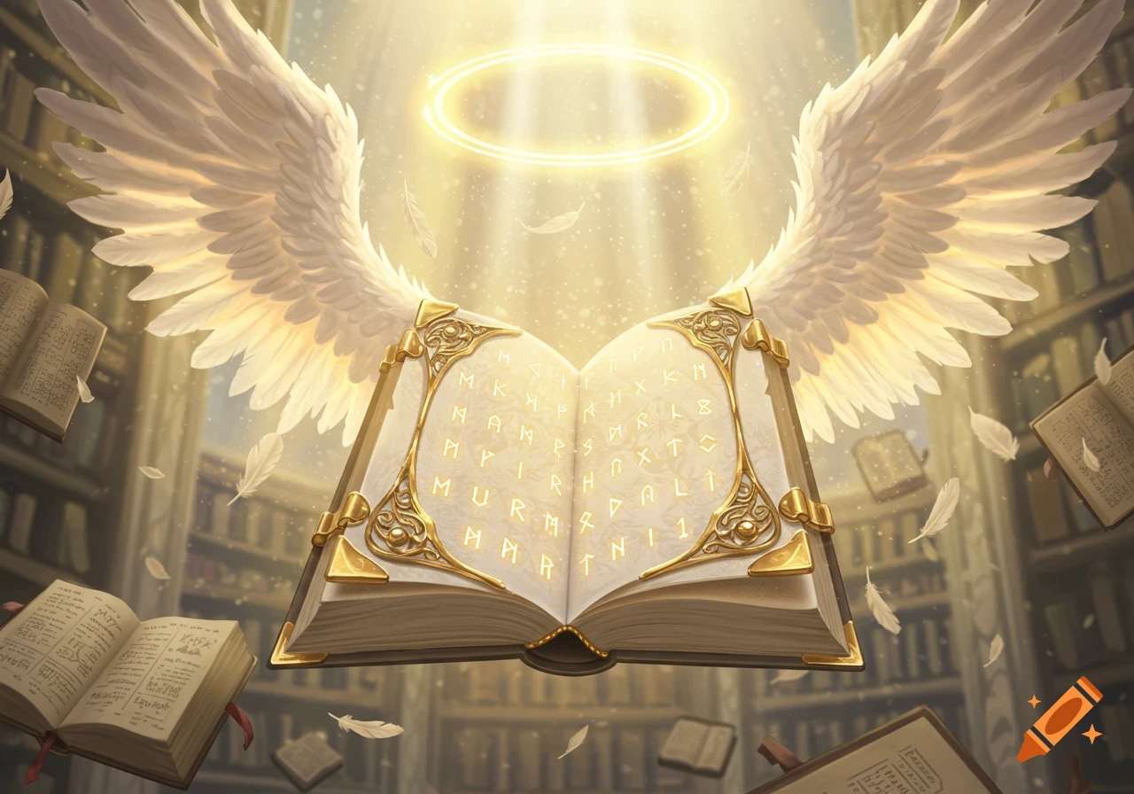 A majestic open book with glowing celestial runes and large white wings floats in a heavenly library, surrounded by light and other flying books.