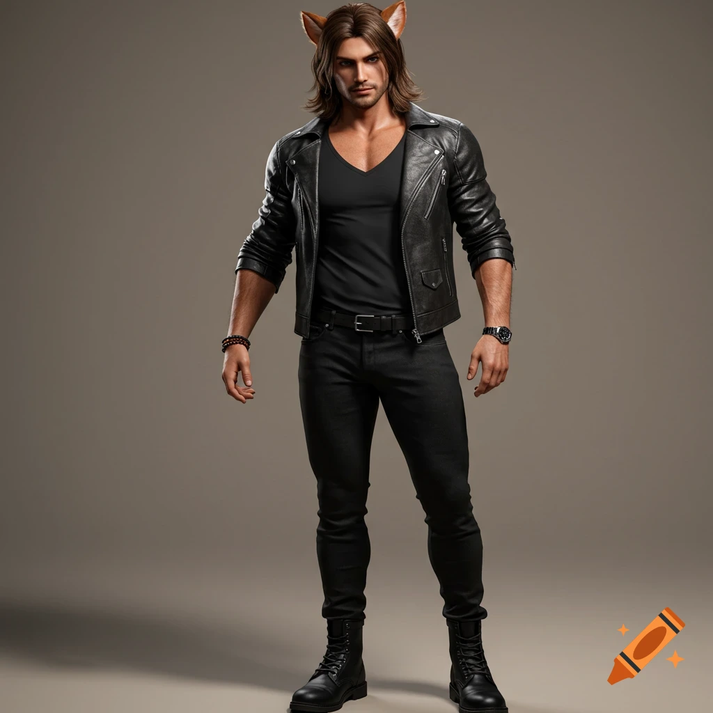 A muscular man with long brown hair and cat ears, wearing a black leather jacket, V-neck shirt, and dark jeans, stands confidently in a realistic style against a neutral background.