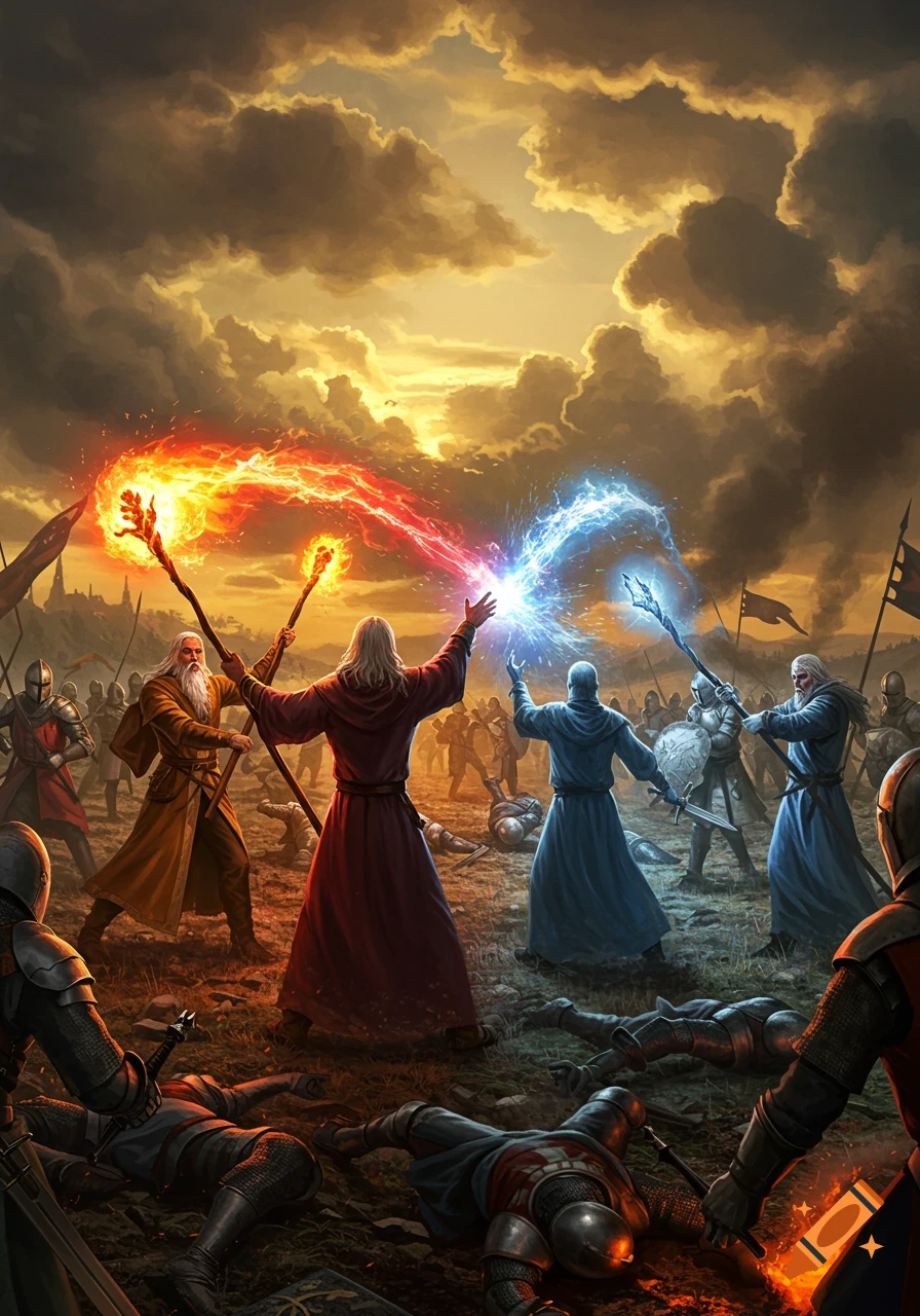 A dramatic medieval fantasy battle scene with wizards casting fire and ice spells amidst knights and fallen soldiers under a stormy sky.