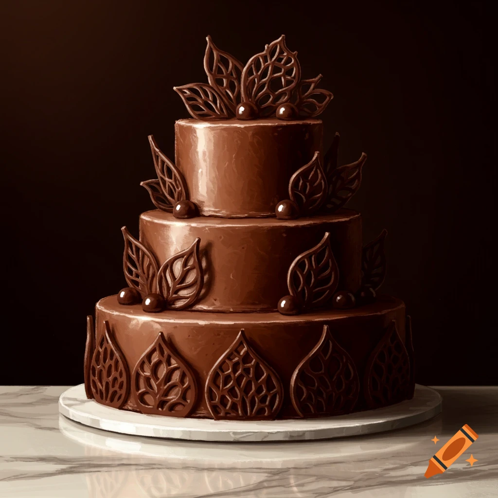A decadent three-tier chocolate cake adorned with intricate chocolate leaves and pearls, set on a white marble surface against a dark background.
