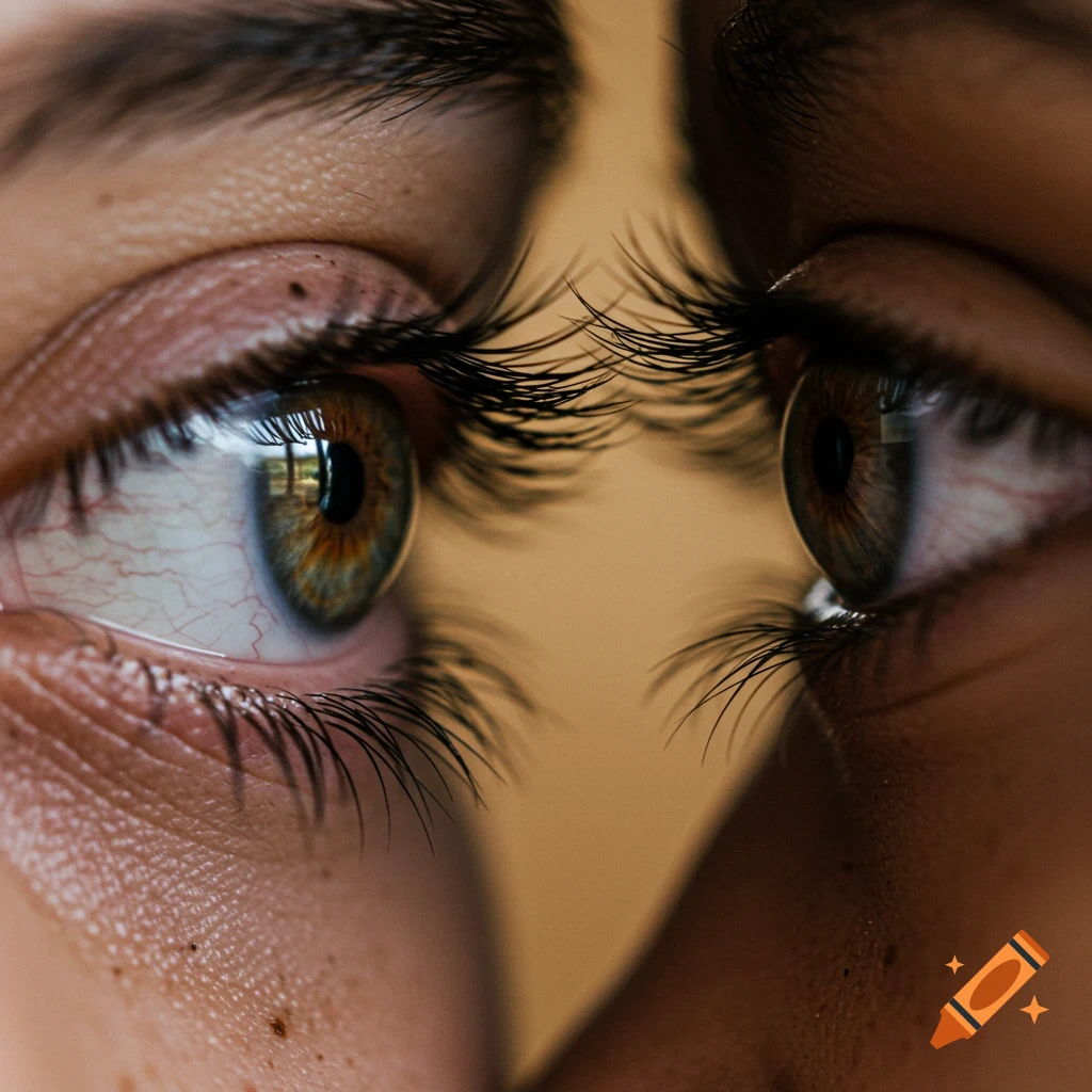 Photorealistic close-up of two human eyes with long eyelashes, facing each other.