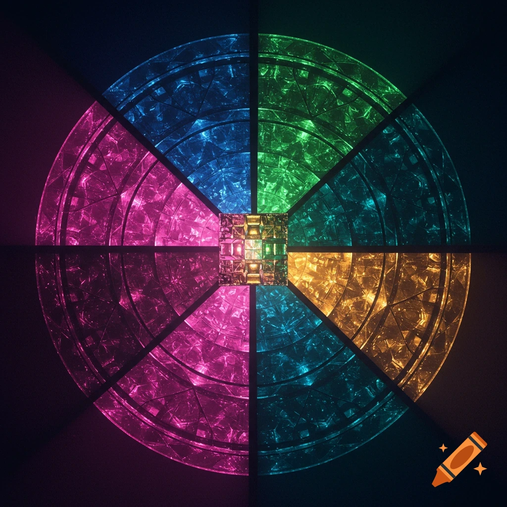 A colorful, geometric abstract image featuring a circle divided into eight sparkling segments around a central glowing square.