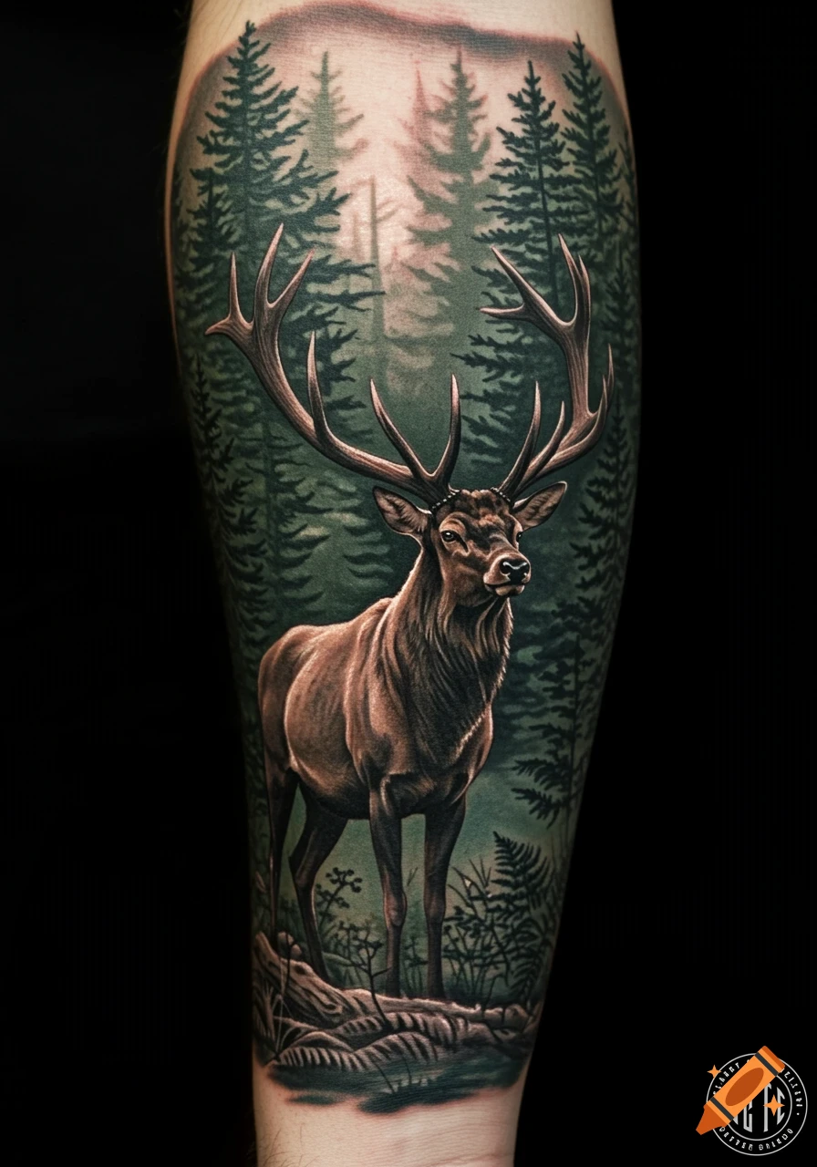 A detailed forearm tattoo of a majestic elk with large antlers standing in a misty pine forest.