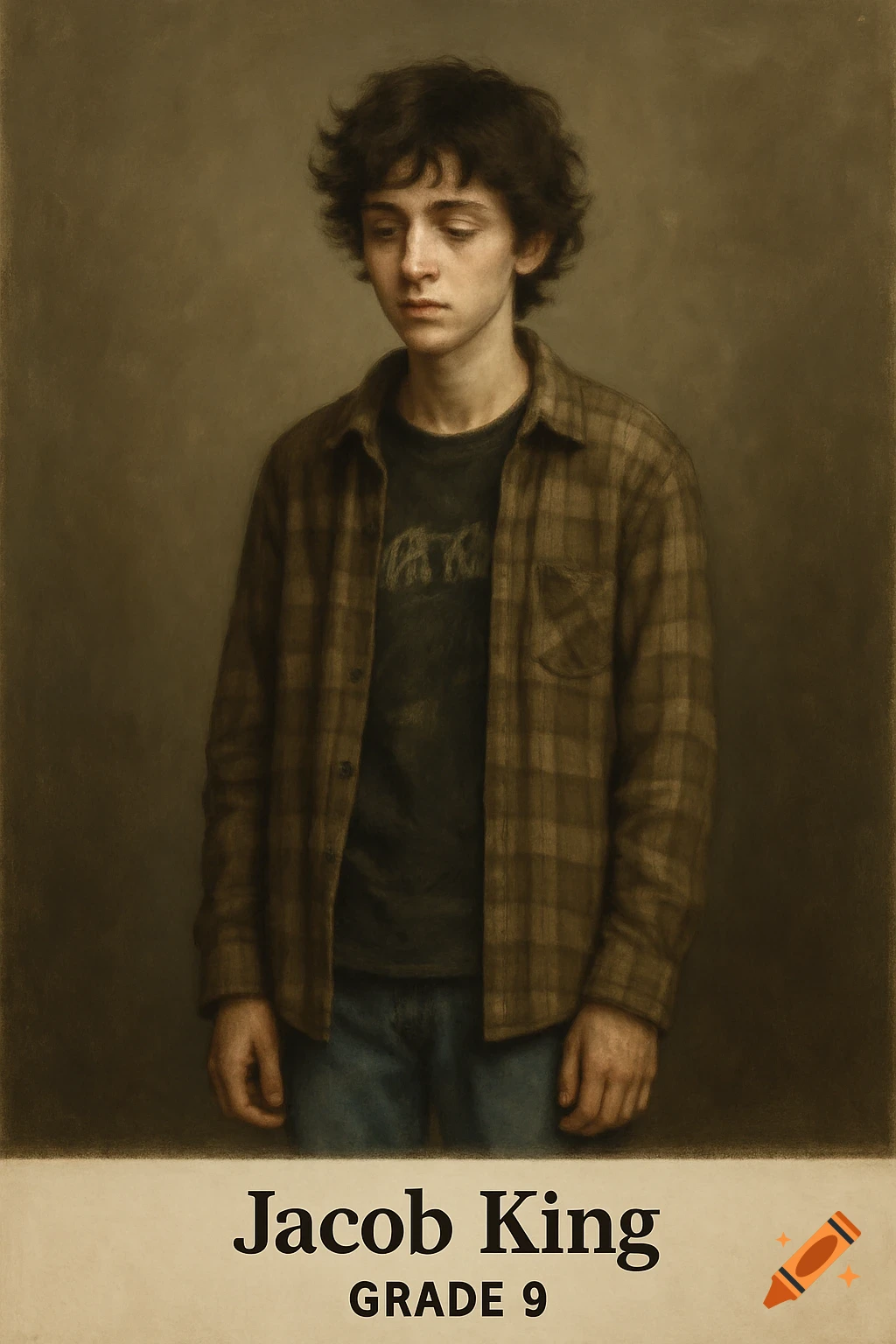 Painterly portrait of a gloomy teenage boy, Jacob King, wearing a plaid shirt, in a yearbook photo with his name and grade.