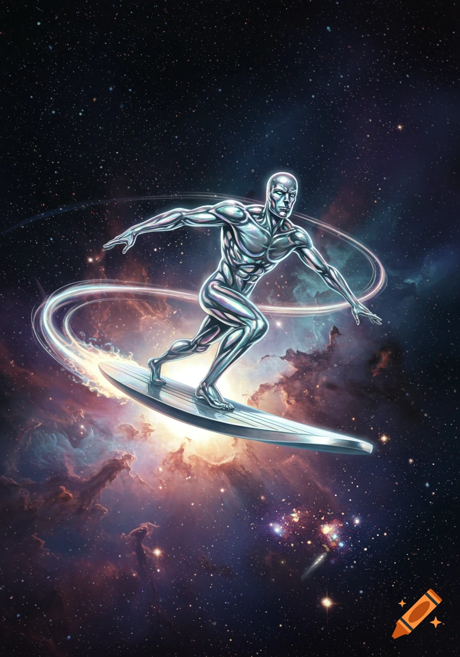 The Silver Surfer on his board in outer space, surrounded by stars and nebulae.