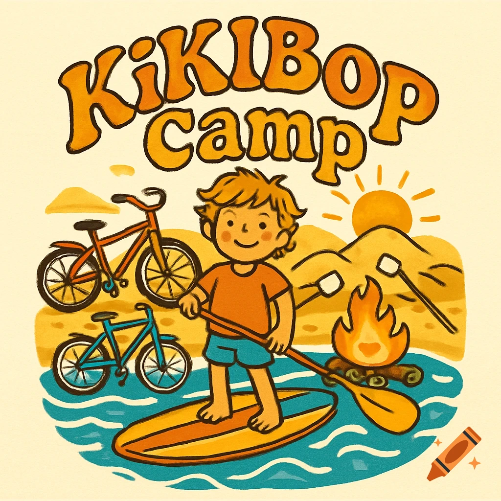 A retro-style illustration for 'KikiBop Camp' featuring a boy on a paddleboard, bicycles, a campfire, and s'mores.