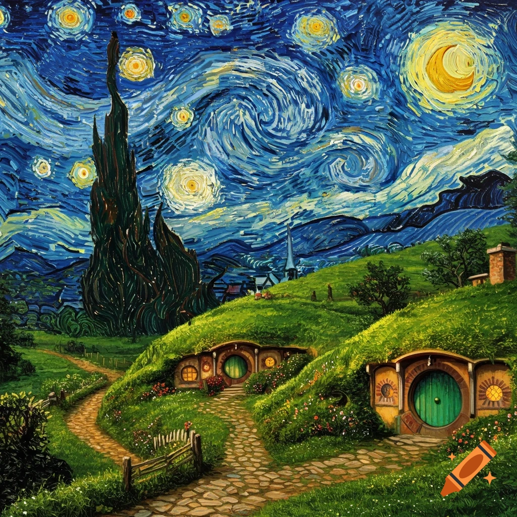 A landscape painting in the style of Van Gogh's Starry Night, depicting the rolling green hills and hobbit holes of The Shire from Lord of the Rings.