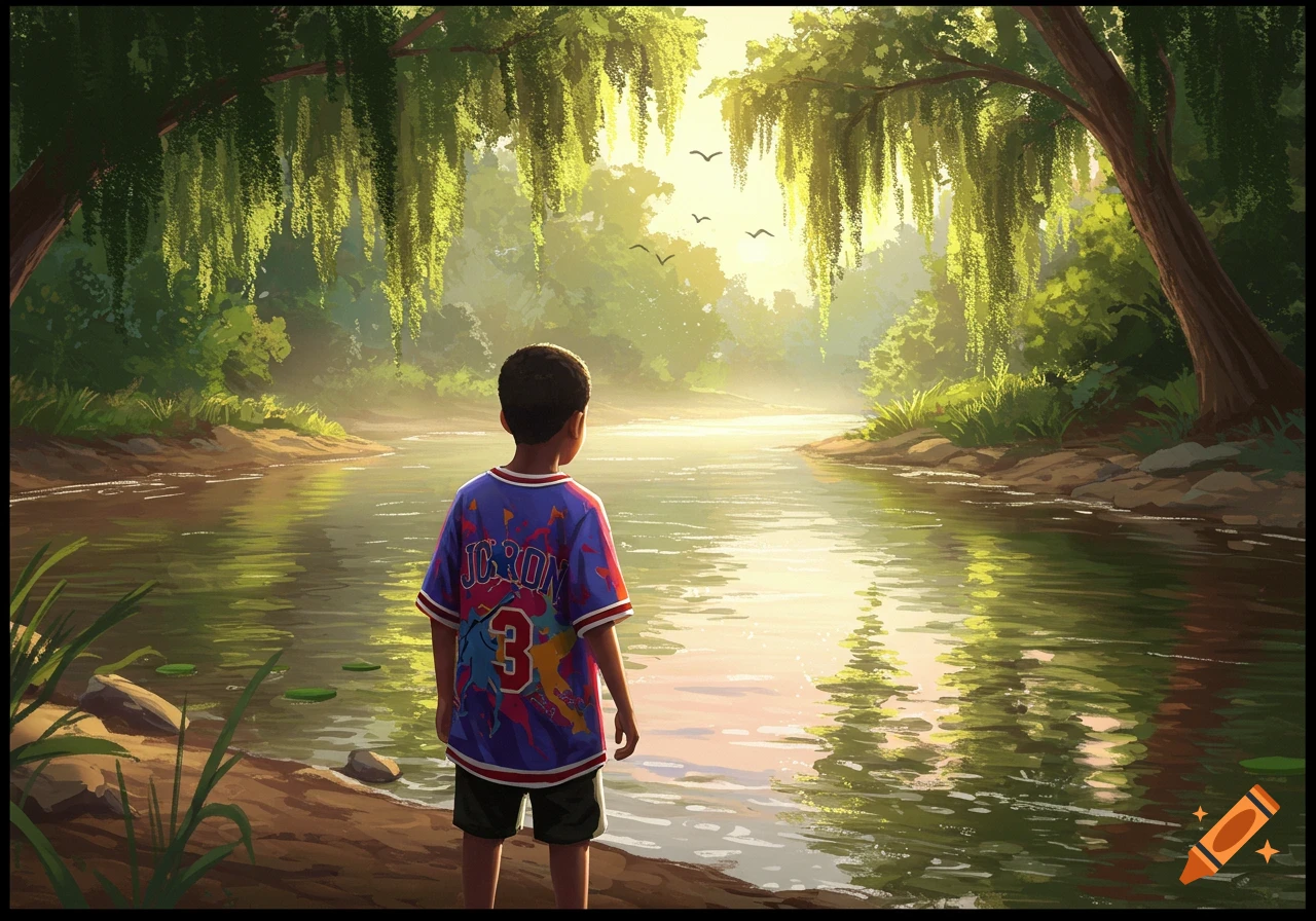 A boy in a colorful jersey stands by a sunlit river, looking out at the water surrounded by lush green trees.