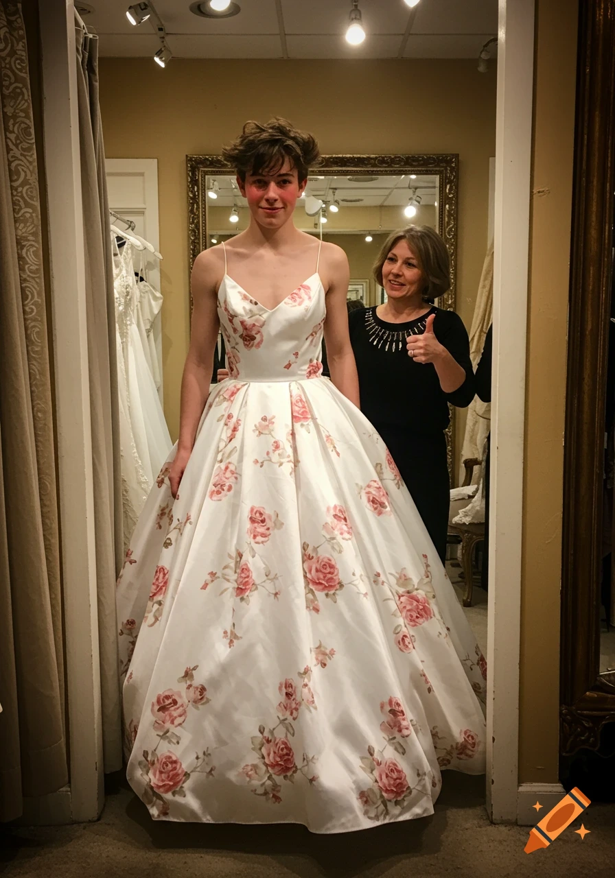 A young person in a white satin ball gown with pink roses smiles in a dressing room, as an older woman behind them gives a thumbs up.