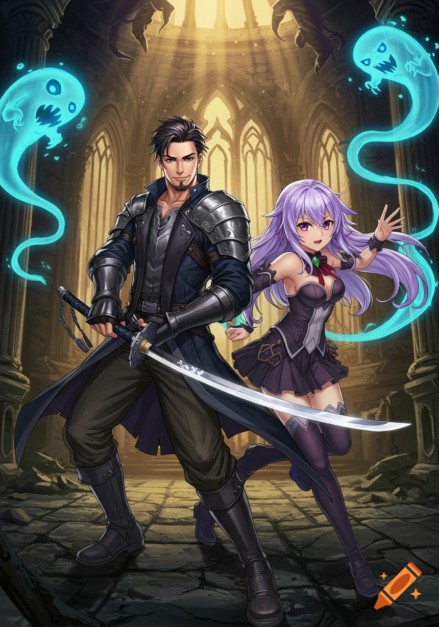 An anime swordsman and a purple-haired girl stand with two blue spirits in a crumbling cathedral.