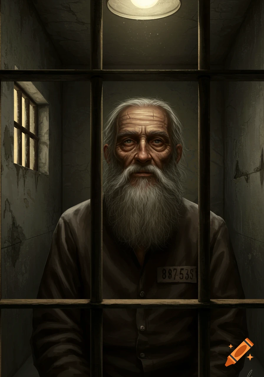An old man with a long white beard in a prison uniform looks through cell bars.
