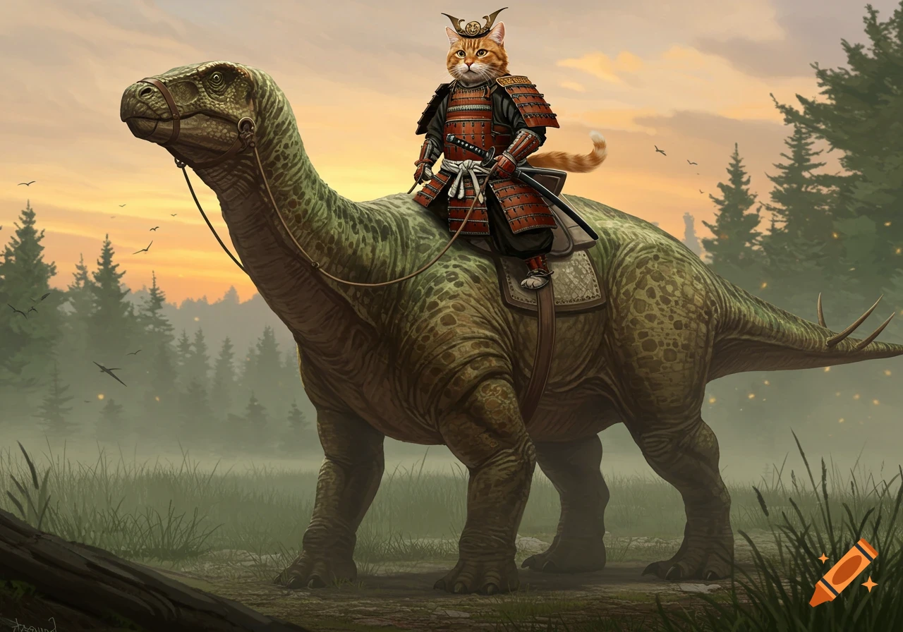 A ginger cat in samurai armor rides a large green dinosaur through a misty forest at sunset.