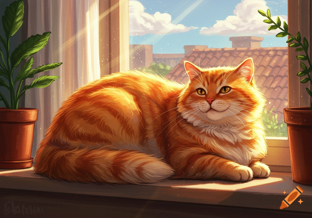 An orange cat with fluffy fur rests on a sunlit windowsill next to potted plants, with city buildings visible outside.