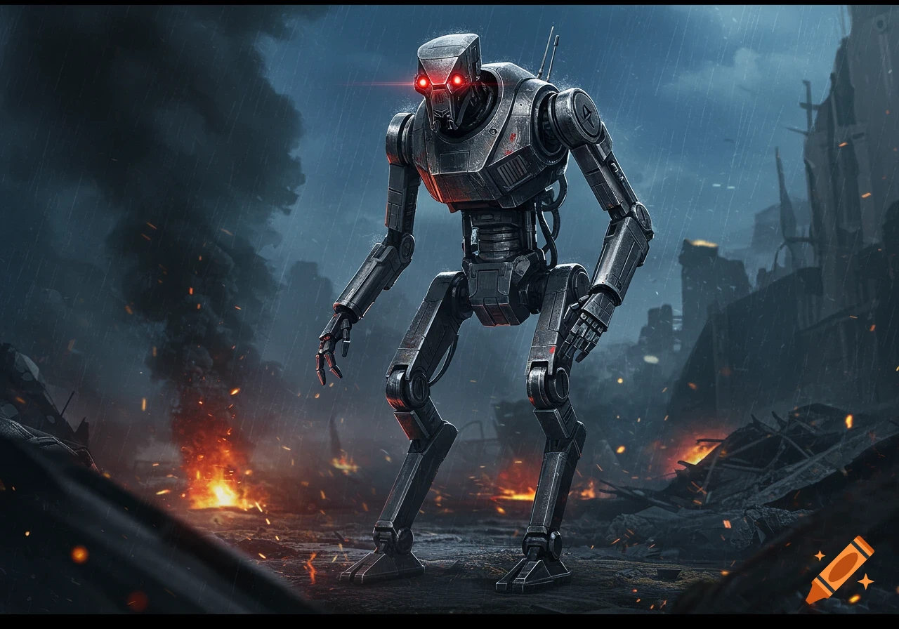A detailed, photorealistic image of a metallic robot with glowing red eyes standing in a ruined, rainy, post-apocalyptic city with fires.
