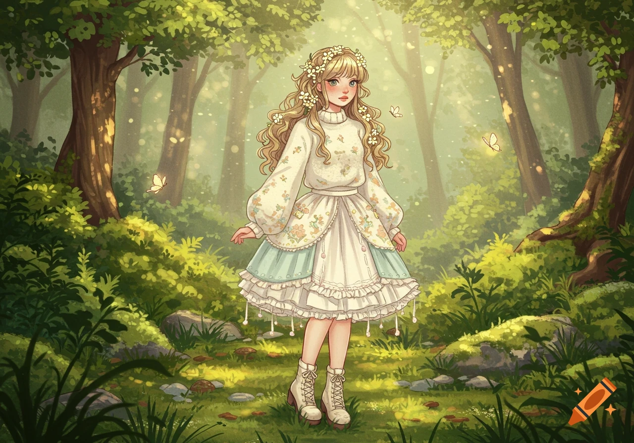 Anime girl with blonde hair and flower crown in a white and blue mori girl dress, standing in a sun-dappled forest.