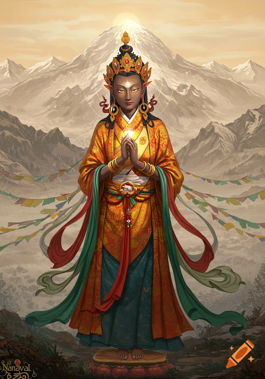 A stylized figure in ornate, colorful robes, standing in a prayer pose with a glowing orb between hands, against a backdrop of mountains and prayer flags.
