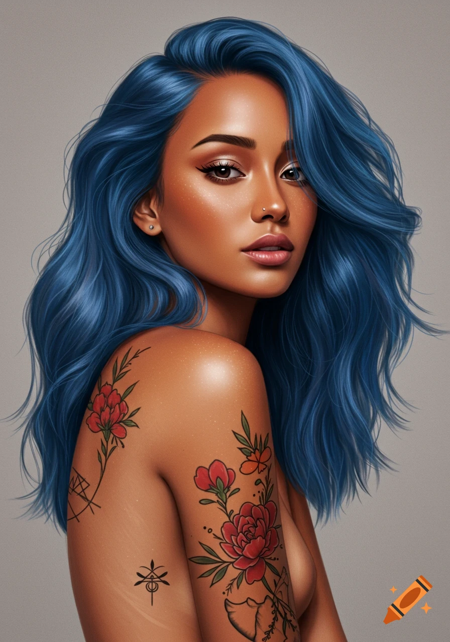 A portrait of a woman with long blue hair and floral arm tattoos, looking confidently at the viewer.