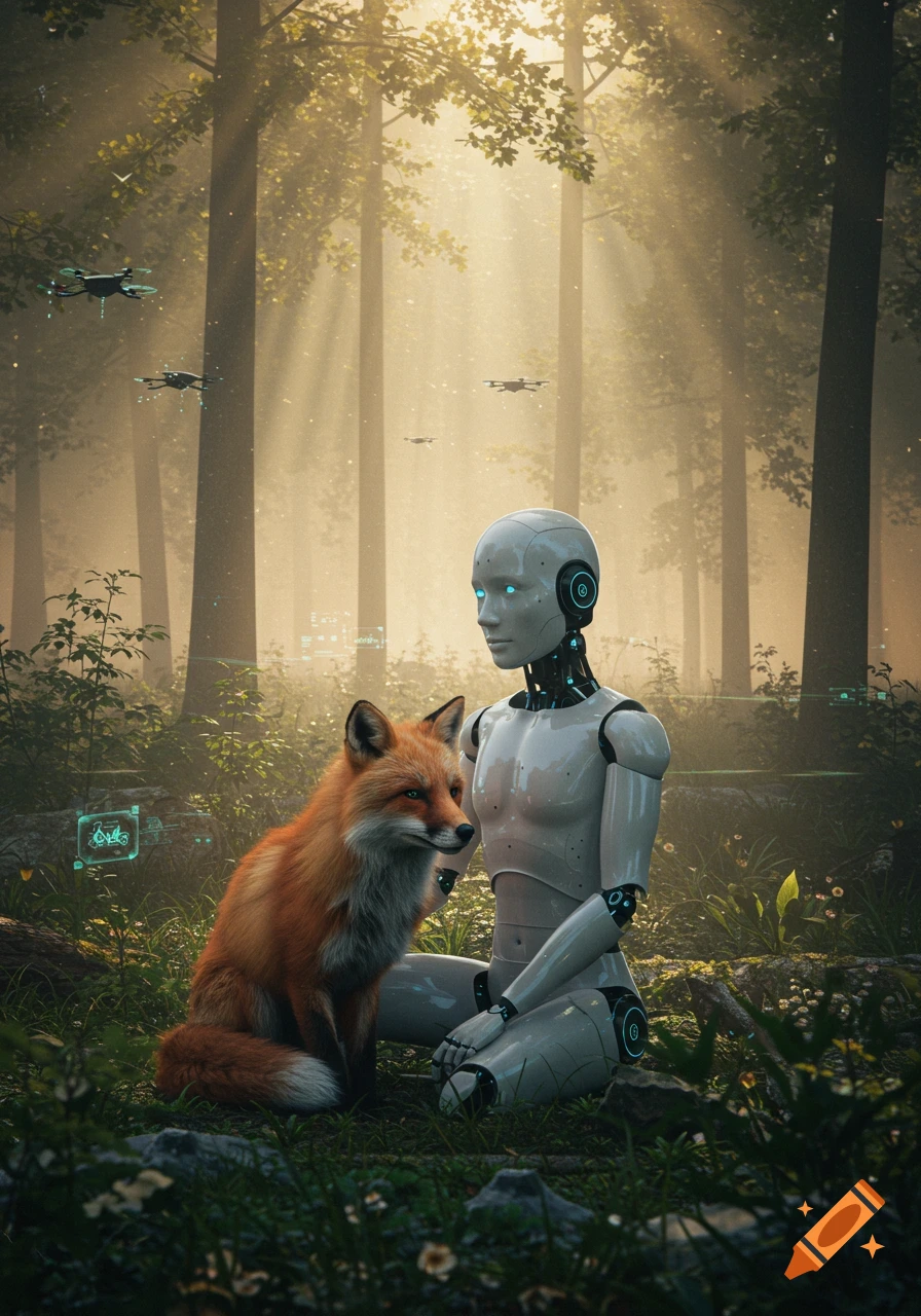 A hyper-realistic scene of a humanoid robot kneeling next to a red fox in a misty forest with sun rays and drones.
