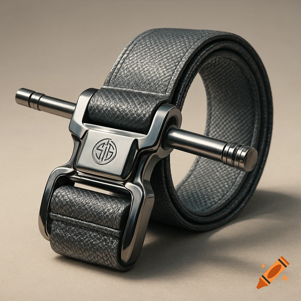 A close-up, photorealistic studio shot of a gray tactical belt with a metallic buckle featuring a 'SIG' logo, against a light background.