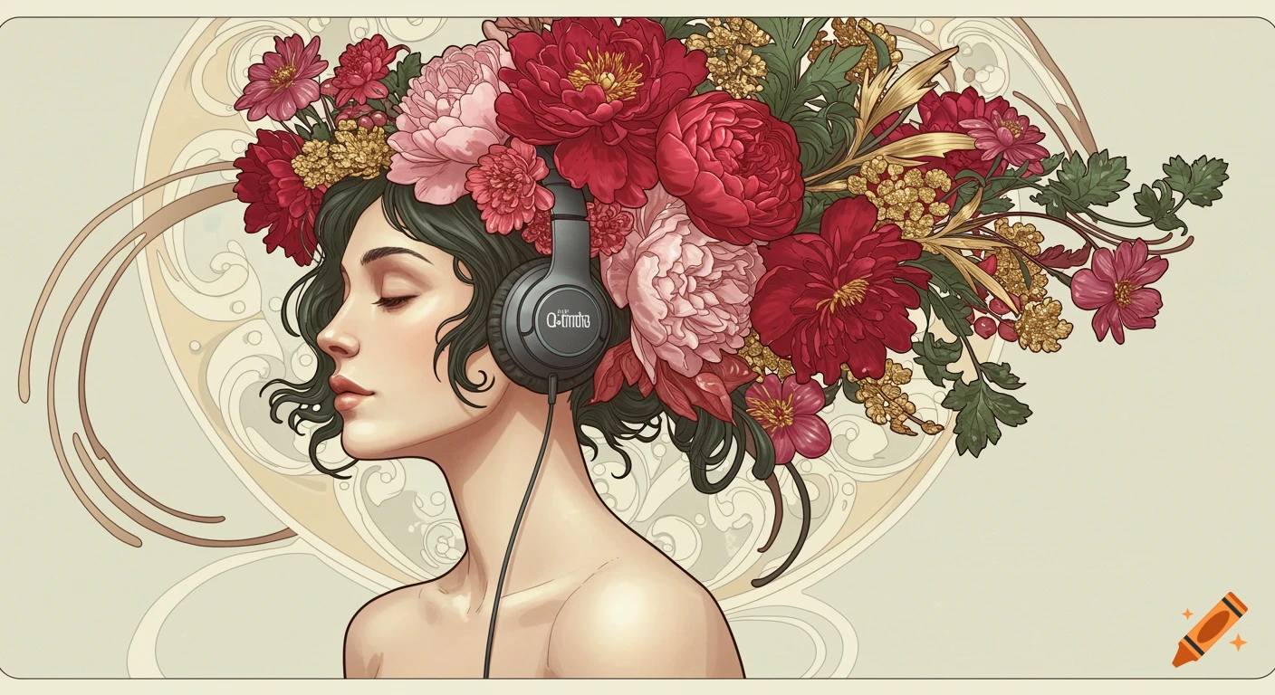 Art Nouveau portrait of a woman with closed eyes wearing headphones, her hair intertwined with large red and pink flowers.