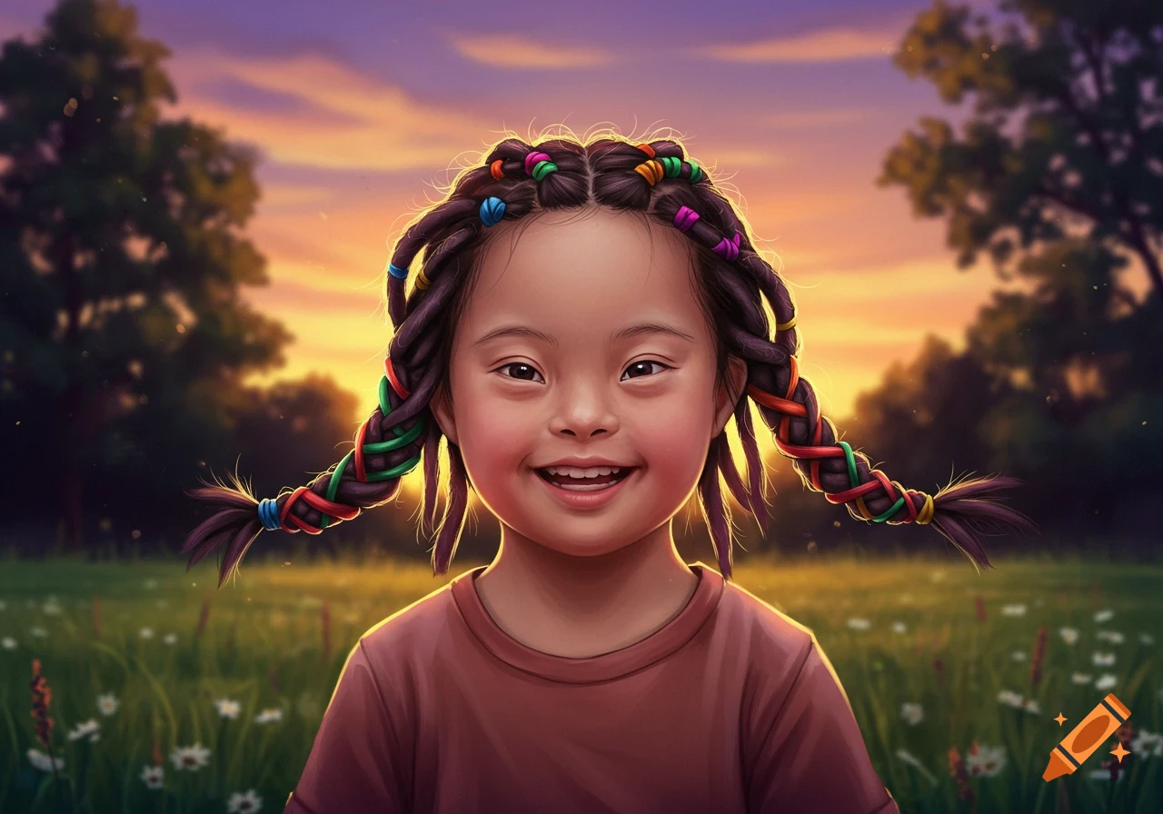 A smiling Asian child with dreadlocks adorned with colorful beads stands in a grassy field at sunset.
