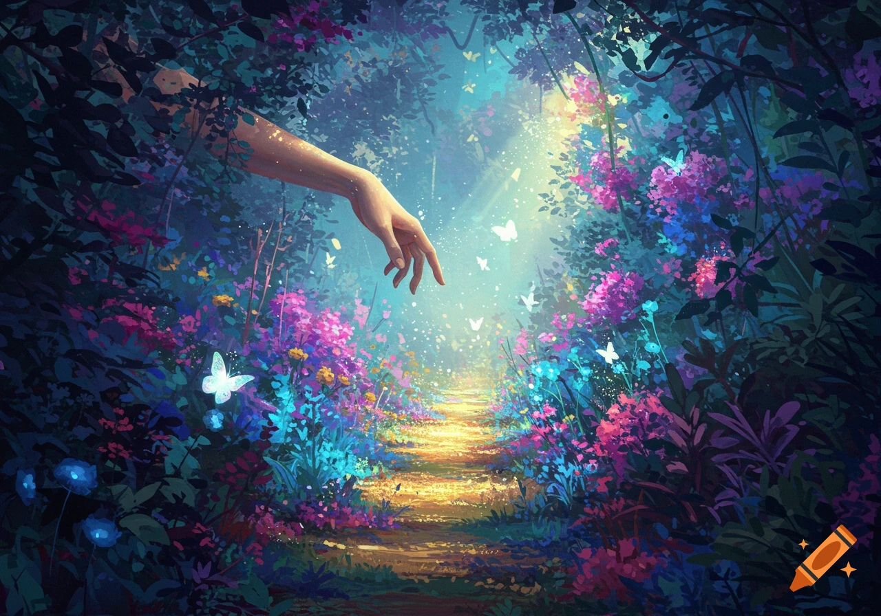 A hand reaches into a vibrant, glowing forest path filled with colorful flowers and butterflies, in a painterly style.