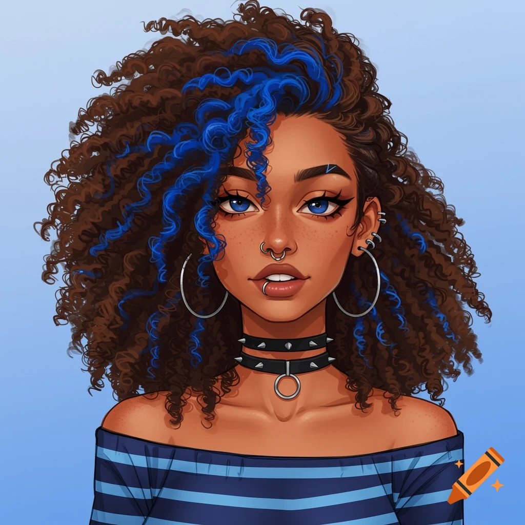 Anime style portrait of a woman with curly brown and blue hair, blue eyes, nose ring, lip ring, hoop earrings, and a spiked choker, against a light blue background.
