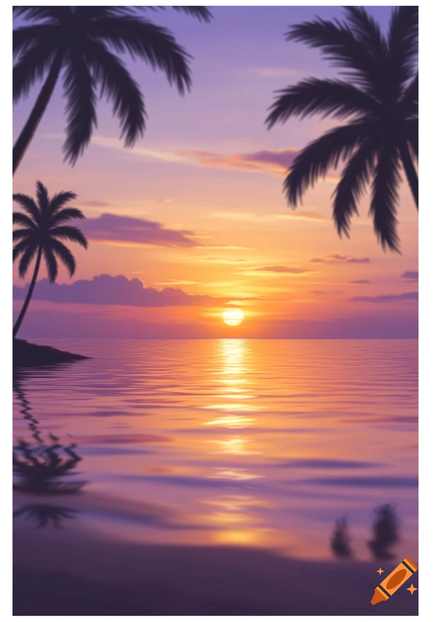 Vibrant sunset over calm water with silhouetted palm trees, featuring orange, purple, and yellow hues.