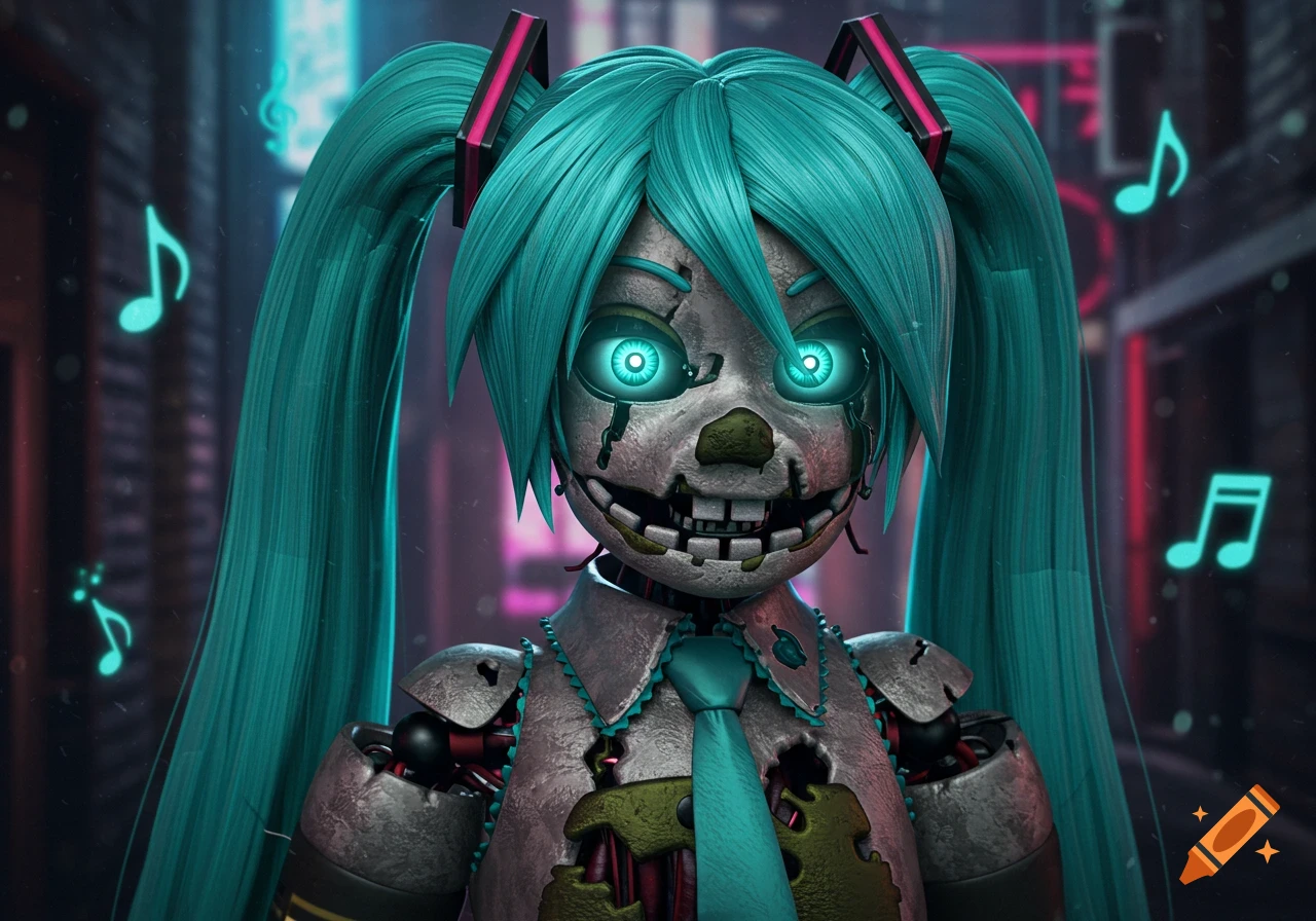 A horror-themed animatronic Hatsune Miku with glowing blue eyes, exposed wiring, and teal pigtails, set against a dark urban background with neon musical notes.