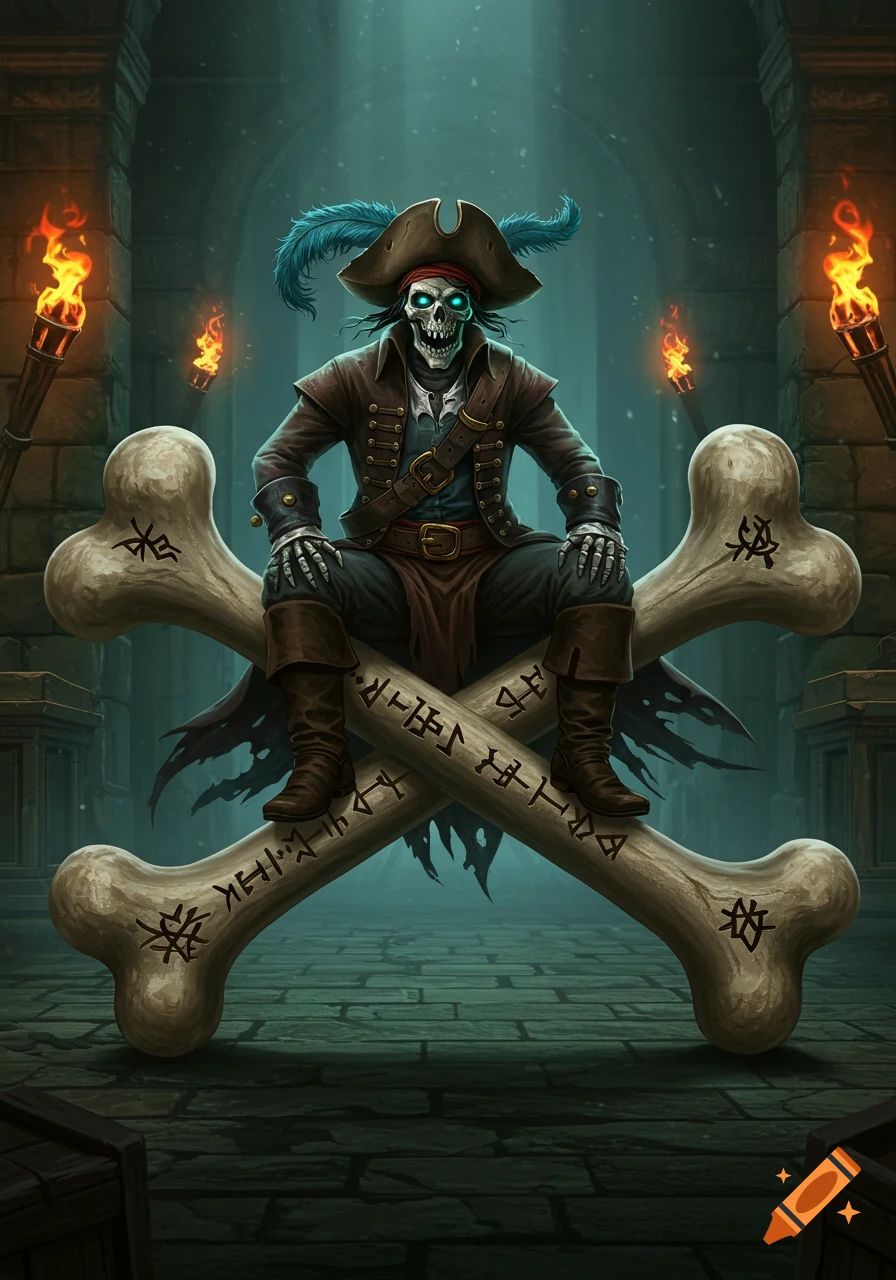 A skeleton pirate with glowing blue eyes, wearing a tricorn hat and coat, sits on large crossed bones in a torchlit dungeon.