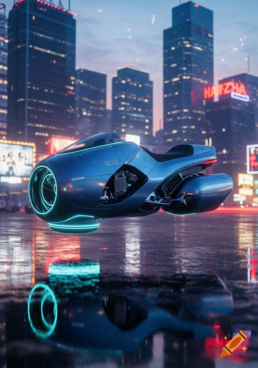 A sleek, blue futuristic motorcycle with glowing neon lights hovers over a wet city street at night, with towering skyscrapers in the background.