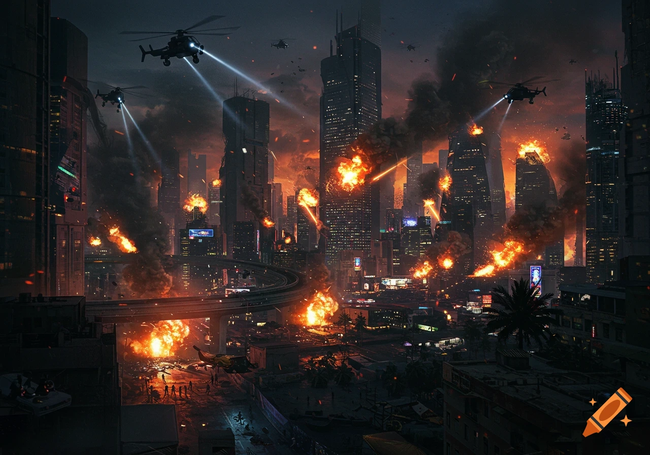 A dark, futuristic city under attack at night, with helicopters flying overhead, buildings on fire, and explosions illuminating the sky.