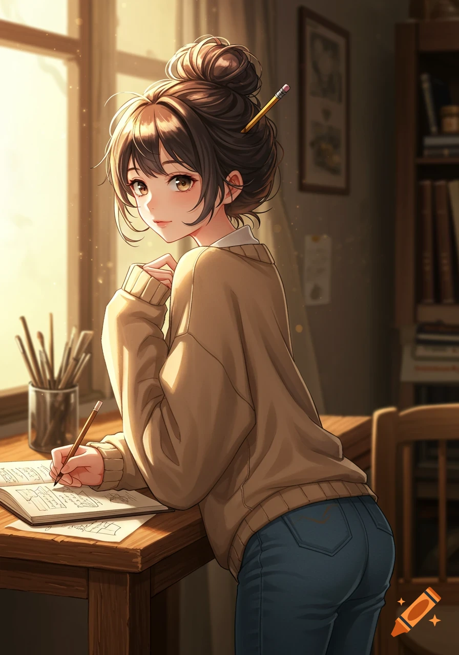 An anime girl with a bun and a pencil in her hair, wearing a sweater and jeans, writing in a notebook at a sunlit wooden desk.