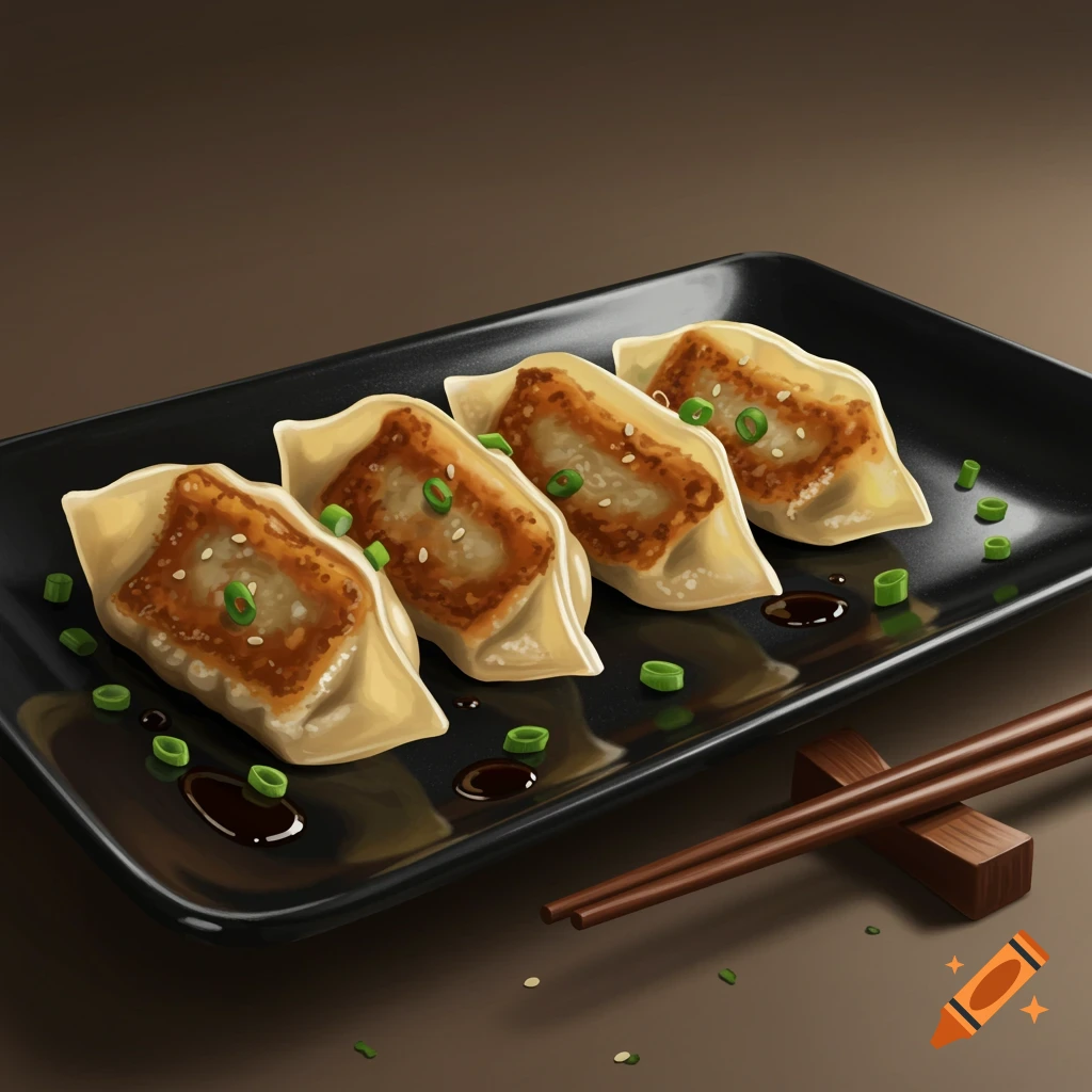 A plate of four golden-brown pan-fried gyozas, garnished with green onions and sesame seeds, on a black rectangular plate with chopsticks.