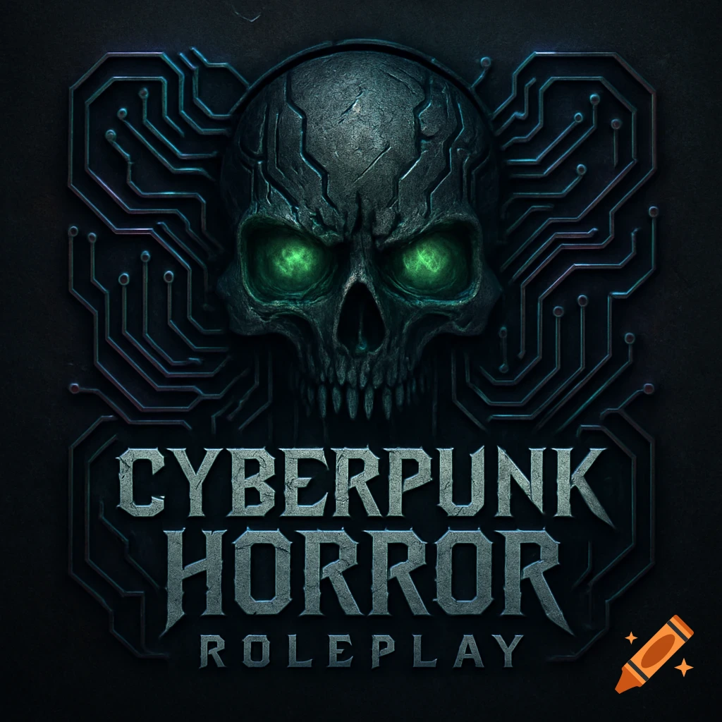 A cyberpunk horror logo featuring a skull with glowing green eyes and circuit board patterns, with the text 'CYBERPUNK HORROR ROLEPLAY'.