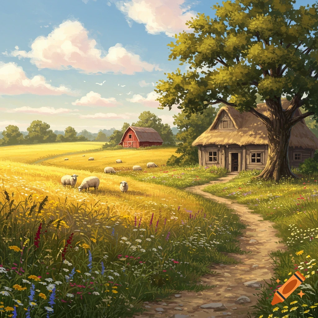 An illustrated countryside landscape features a path leading to an old house, a large tree, golden fields with sheep, and a red barn.