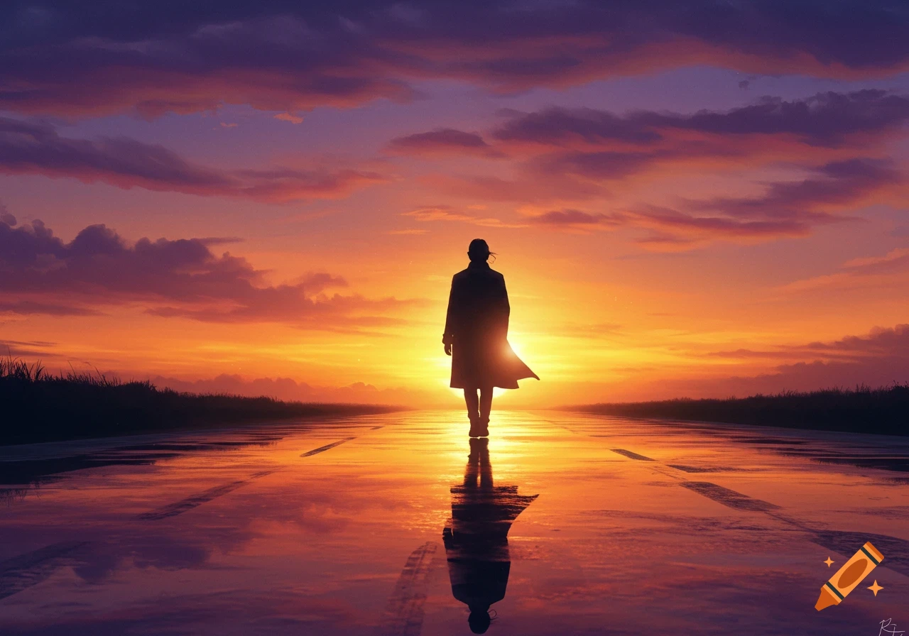 A silhouetted figure walks down a wet road reflecting a vibrant sunset sky with hues of orange, purple, and pink.