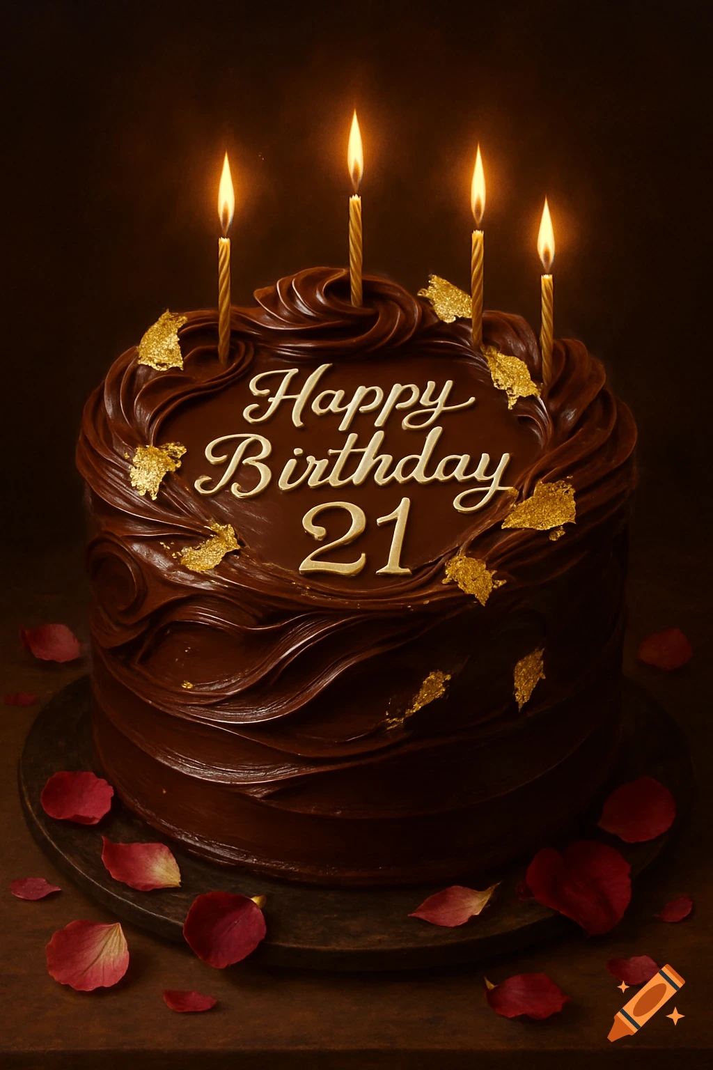 A dark chocolate birthday cake with 'Happy Birthday 21' written in gold icing, four lit candles, and red rose petals.