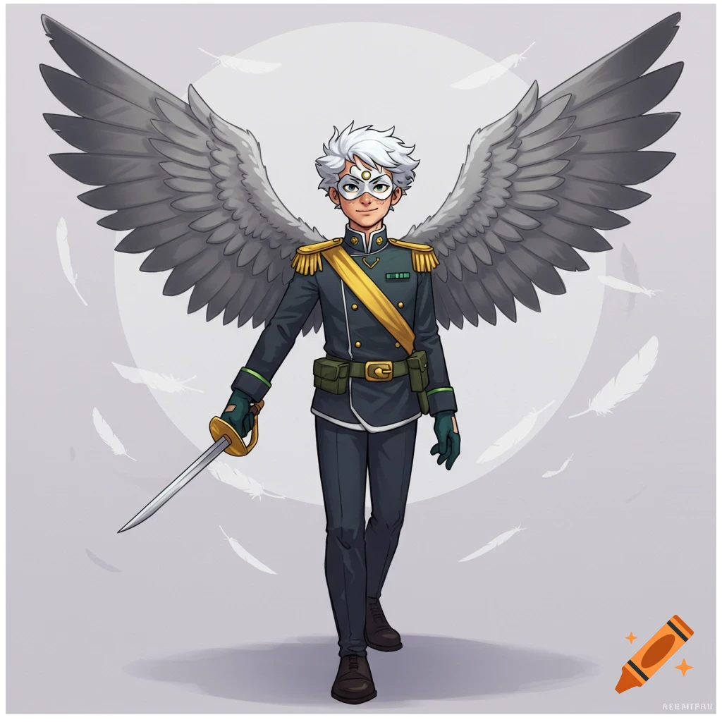 A young, white-haired male superhero in a dark military uniform with gold sash and large gray wings holds a rapier. Stylized cartoon art.