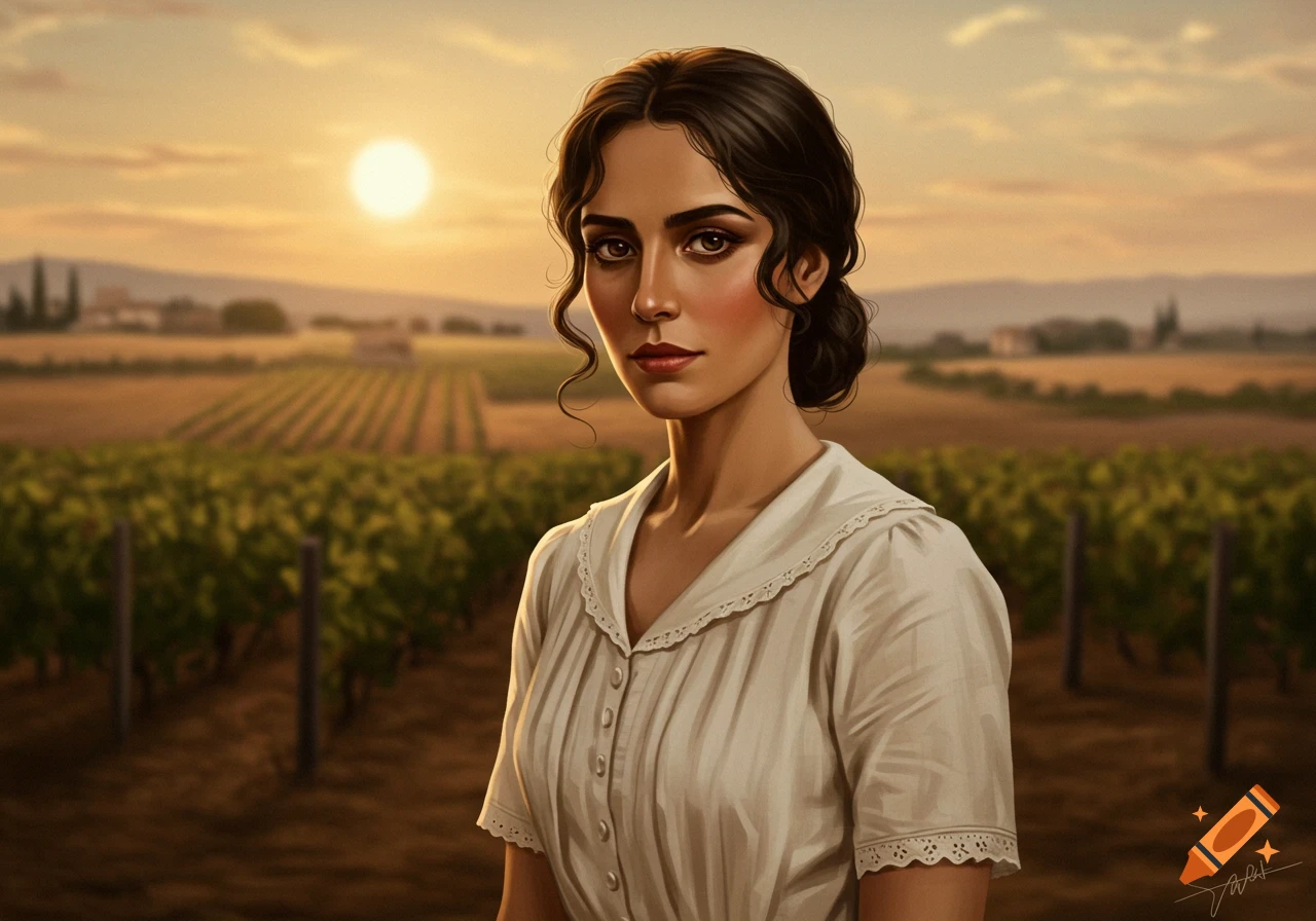 A young woman with dark hair and olive skin in a white dress stands in a vineyard at sunset, digital painting.