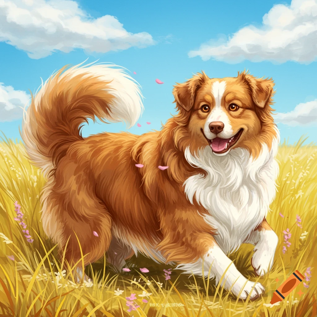 Illustrated happy Australian Shepherd dog running through a golden field with pink flowers under a blue sky.