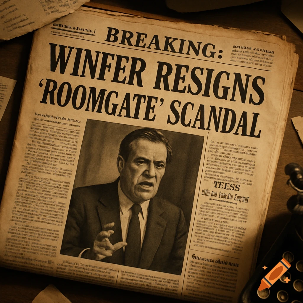 A sepia-toned image of an old newspaper. The headline reads 'BREAKING: WINFER RESIGNS 'ROOMGATE' SCANDAL'. Below, a photo shows a serious-looking man in a suit gesturing.