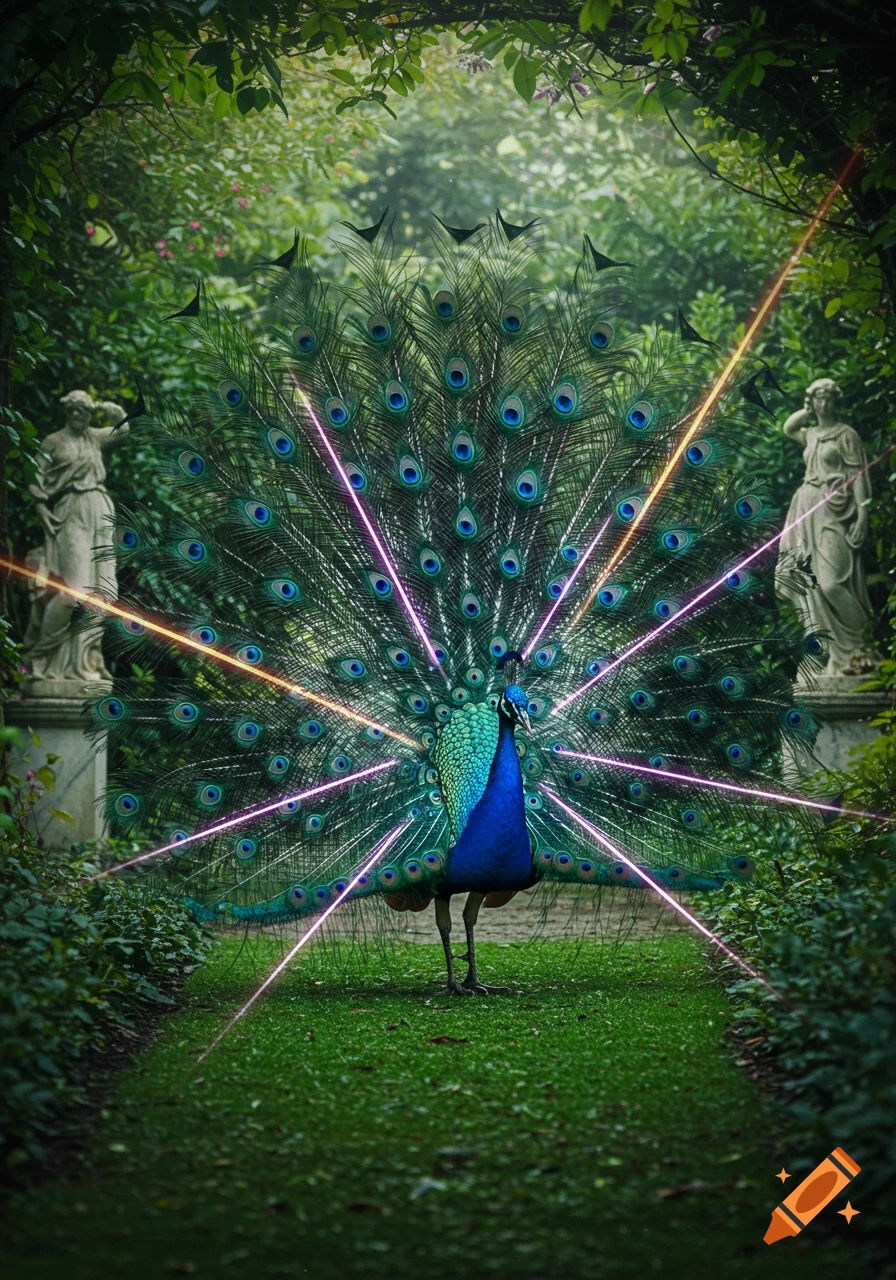 A vibrant peacock with its tail feathers fanned out, emitting colorful laser beams, stands on a grassy path in a lush garden with classical statues.