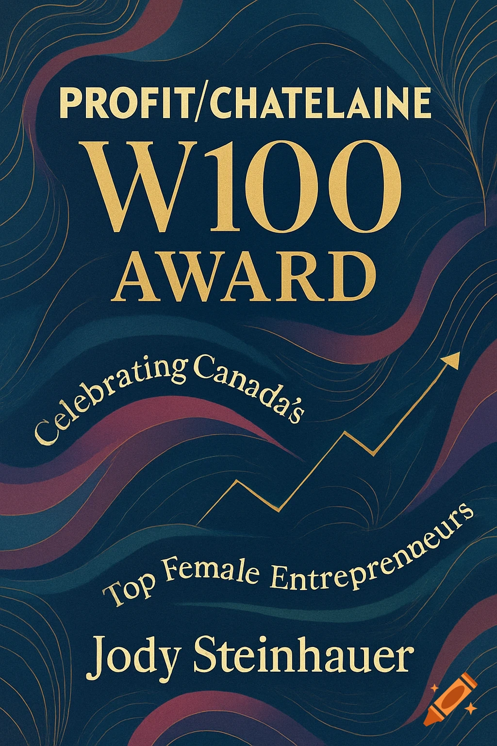 PROFIT/Chatelaine W100 Award poster for Jody Steinhauer, celebrating Canada's top female entrepreneurs, with gold text and wavy patterns.